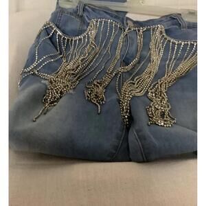 Women's Blue Denim Jeans with Rhinestone Embellishments, Size M